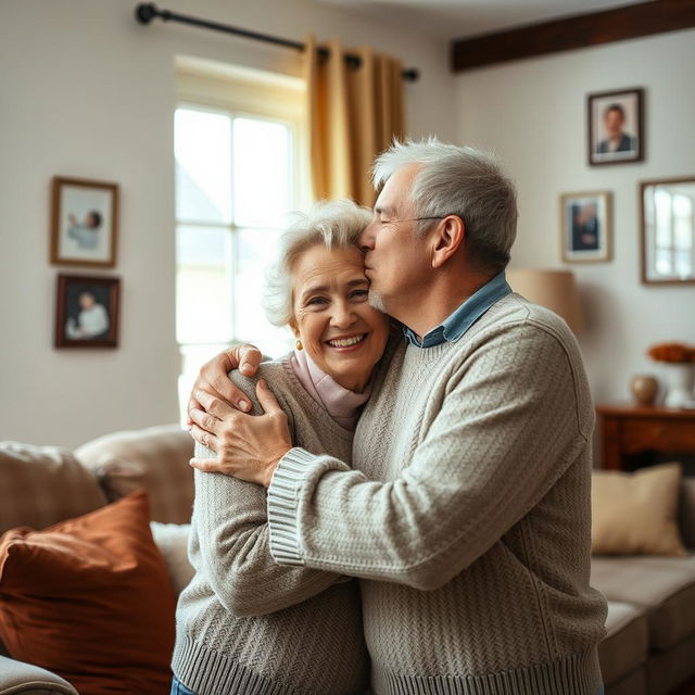 A warm and affectionate scene of a young man gently kissing his aunt's cheek in a cozy living room setting