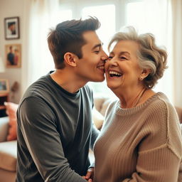 A warm and affectionate scene of a young man gently kissing his aunt's cheek in a cozy living room setting