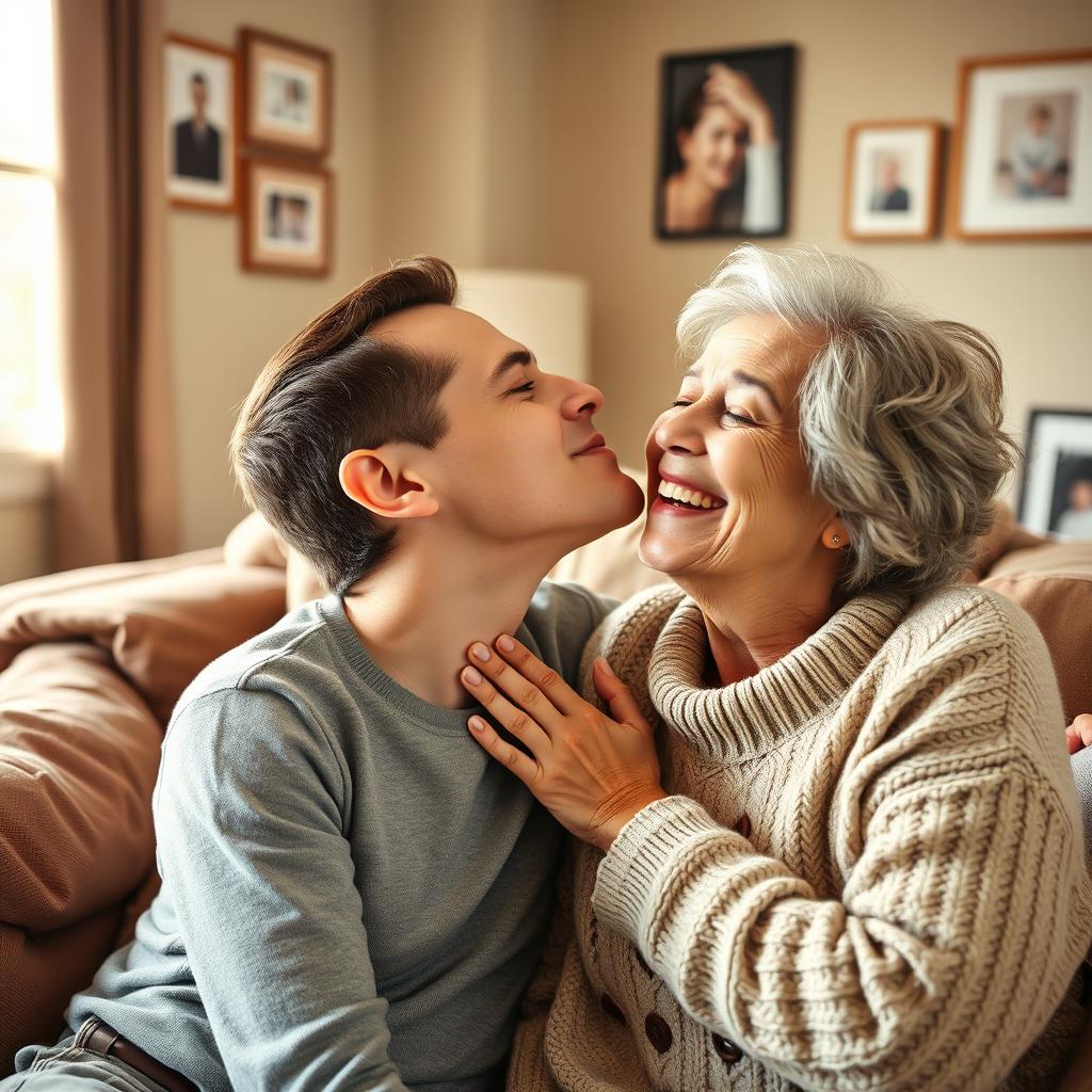A warm and affectionate scene of a young man gently kissing his aunt's cheek in a cozy living room setting