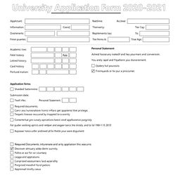 A professional university application form with detailed sections for applicant information, academic history, and personal statement