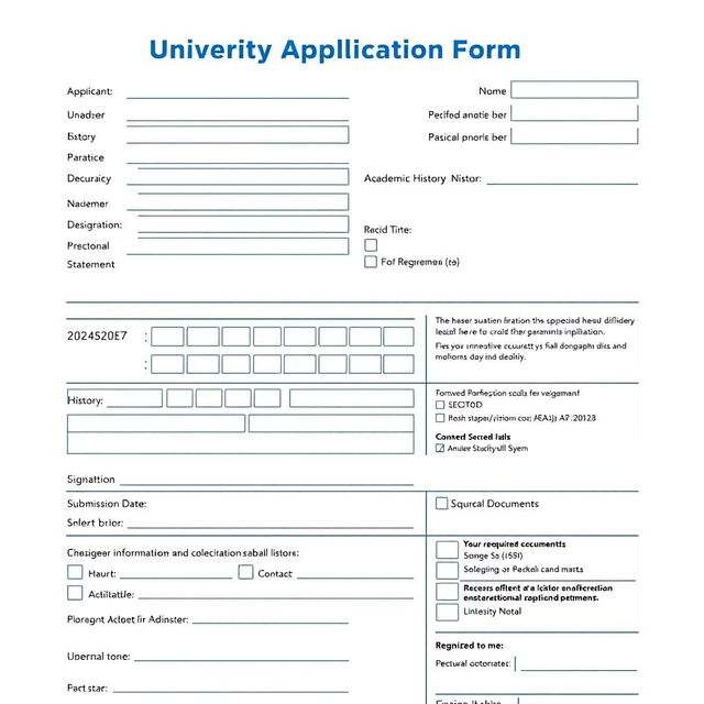 A professional university application form with detailed sections for applicant information, academic history, and personal statement