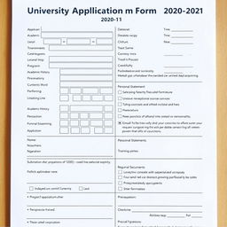 A professional university application form with detailed sections for applicant information, academic history, and personal statement