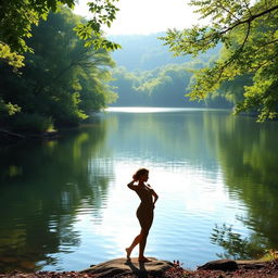 A beautiful natural landscape featuring a serene lake surrounded by lush greenery, with soft sunlight filtering through the trees