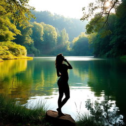A beautiful natural landscape featuring a serene lake surrounded by lush greenery, with soft sunlight filtering through the trees