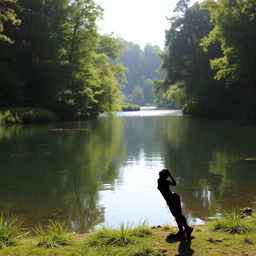 A beautiful natural landscape featuring a serene lake surrounded by lush greenery, with soft sunlight filtering through the trees