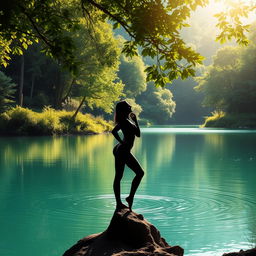 A beautiful natural landscape featuring a serene lake surrounded by lush greenery, with soft sunlight filtering through the trees