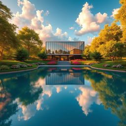 A stunning architectural visualization of a modern building set in a lush green landscape