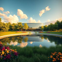 A stunning architectural visualization of a modern building set in a lush green landscape