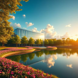 A stunning architectural visualization of a modern building set in a lush green landscape