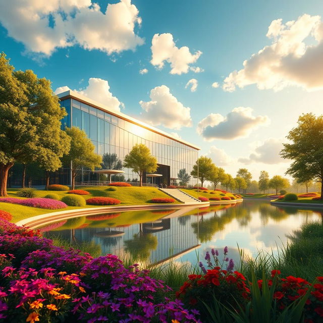 A stunning architectural visualization of a modern building set in a lush green landscape