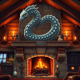Anime style illustration of a stunning stone statue of a feathered snake, intricately designed and displayed prominently on a mantle above a grand fireplace in a fantasy hunting lodge