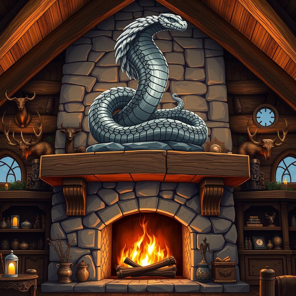 Anime style illustration of a stunning stone statue of a feathered snake, intricately designed and displayed prominently on a mantle above a grand fireplace in a fantasy hunting lodge