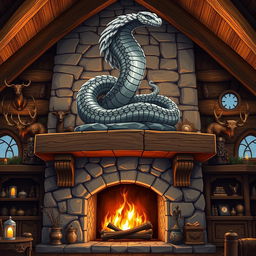 Anime style illustration of a stunning stone statue of a feathered snake, intricately designed and displayed prominently on a mantle above a grand fireplace in a fantasy hunting lodge