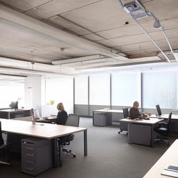 A spacious office layout within a 900 square foot space packed with modern furniture, natural light, and well-organized working stations.