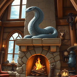 Anime style illustration of a stunning stone statue of a feathered snake, intricately designed and displayed prominently on a mantle above a grand fireplace in a fantasy hunting lodge