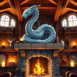 Anime style illustration of a stunning stone statue of a feathered snake, intricately designed and displayed prominently on a mantle above a grand fireplace in a fantasy hunting lodge