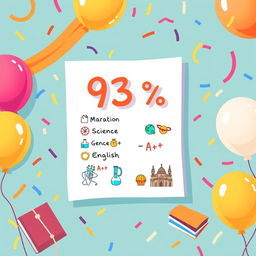 A creative illustration representing an educational achievement, showcasing a report card with a grading percentage prominently displayed as 93%