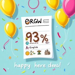 A creative illustration representing an educational achievement, showcasing a report card with a grading percentage prominently displayed as 93%