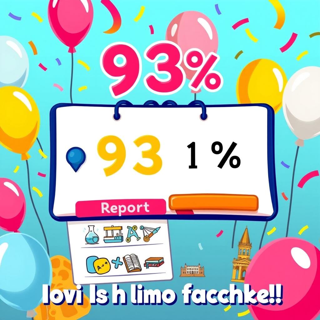 A creative illustration representing an educational achievement, showcasing a report card with a grading percentage prominently displayed as 93%