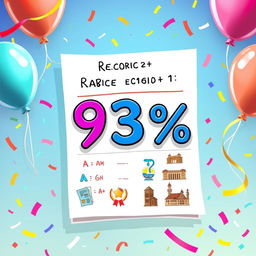 A creative illustration representing an educational achievement, showcasing a report card with a grading percentage prominently displayed as 93%