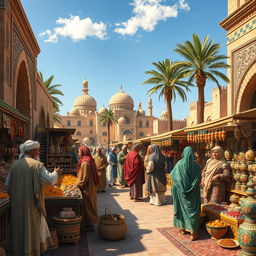 A detailed historical scene from Fatimid Egypt, showcasing a bustling market in Cairo during the 10th century