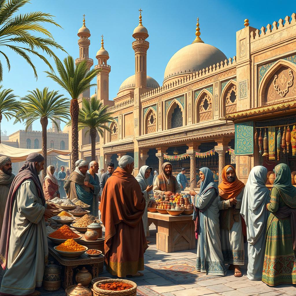 A detailed historical scene from Fatimid Egypt, showcasing a bustling market in Cairo during the 10th century