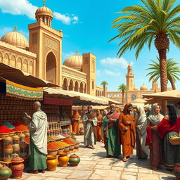 A detailed historical scene from Fatimid Egypt, showcasing a bustling market in Cairo during the 10th century