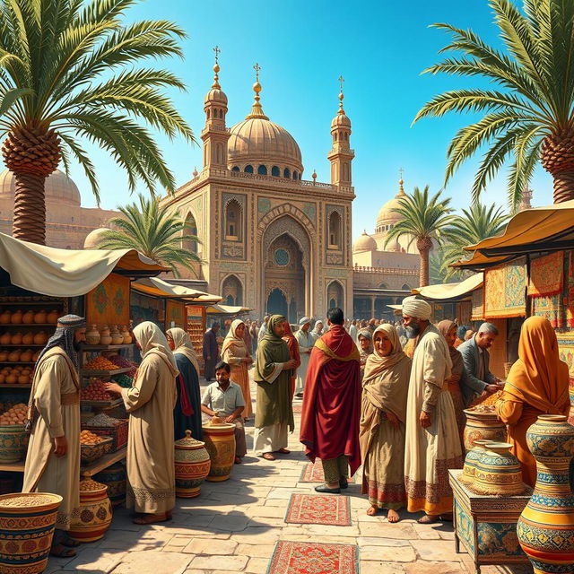 A detailed historical scene from Fatimid Egypt, showcasing a bustling market in Cairo during the 10th century