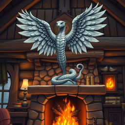 Anime style illustration of a six-inch tall stone statue depicting a winged feathered snake, placed prominently on a rustic mantle above a crackling fireplace in a cozy fantasy hunting lodge