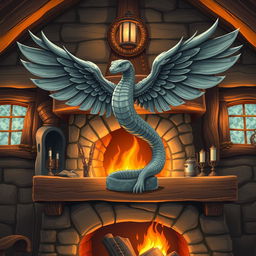 Anime style illustration of a six-inch tall stone statue depicting a winged feathered snake, placed prominently on a rustic mantle above a crackling fireplace in a cozy fantasy hunting lodge
