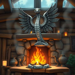 Anime style illustration of a six-inch tall stone statue depicting a winged feathered snake, placed prominently on a rustic mantle above a crackling fireplace in a cozy fantasy hunting lodge