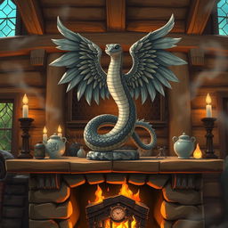 Anime style illustration of a six-inch tall stone statue depicting a winged feathered snake, placed prominently on a rustic mantle above a crackling fireplace in a cozy fantasy hunting lodge