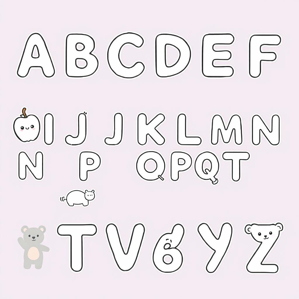 A collection of alphabet letters from A to Z, each letter designed in a cute, kawaii style