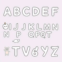 A collection of alphabet letters from A to Z, each letter designed in a cute, kawaii style