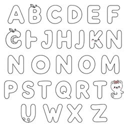 A collection of alphabet letters from A to Z, each letter designed in a cute, kawaii style