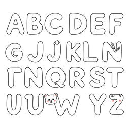 A collection of alphabet letters from A to Z, each letter designed in a cute, kawaii style