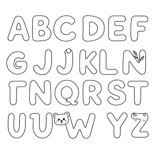 A collection of alphabet letters from A to Z, each letter designed in a cute, kawaii style