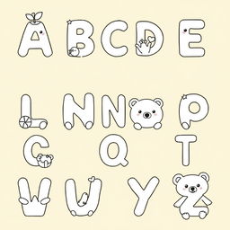 A collection of alphabet letters from A to Z, each letter designed in a cute, kawaii style