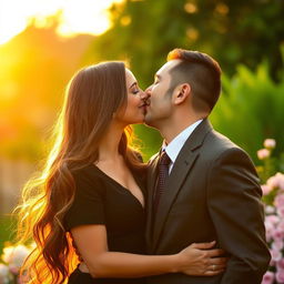 A beautiful scene featuring a charming, elegant woman with long, flowing hair, dressed in a stylish, classy outfit