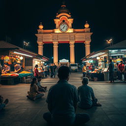 A nostalgic scene at the Yogyakarta monument intersection, bustling with life where street vendors showcase a vibrant array of traditional delicacies