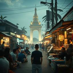 A nostalgic scene at the Yogyakarta monument intersection, bustling with life where street vendors showcase a vibrant array of traditional delicacies