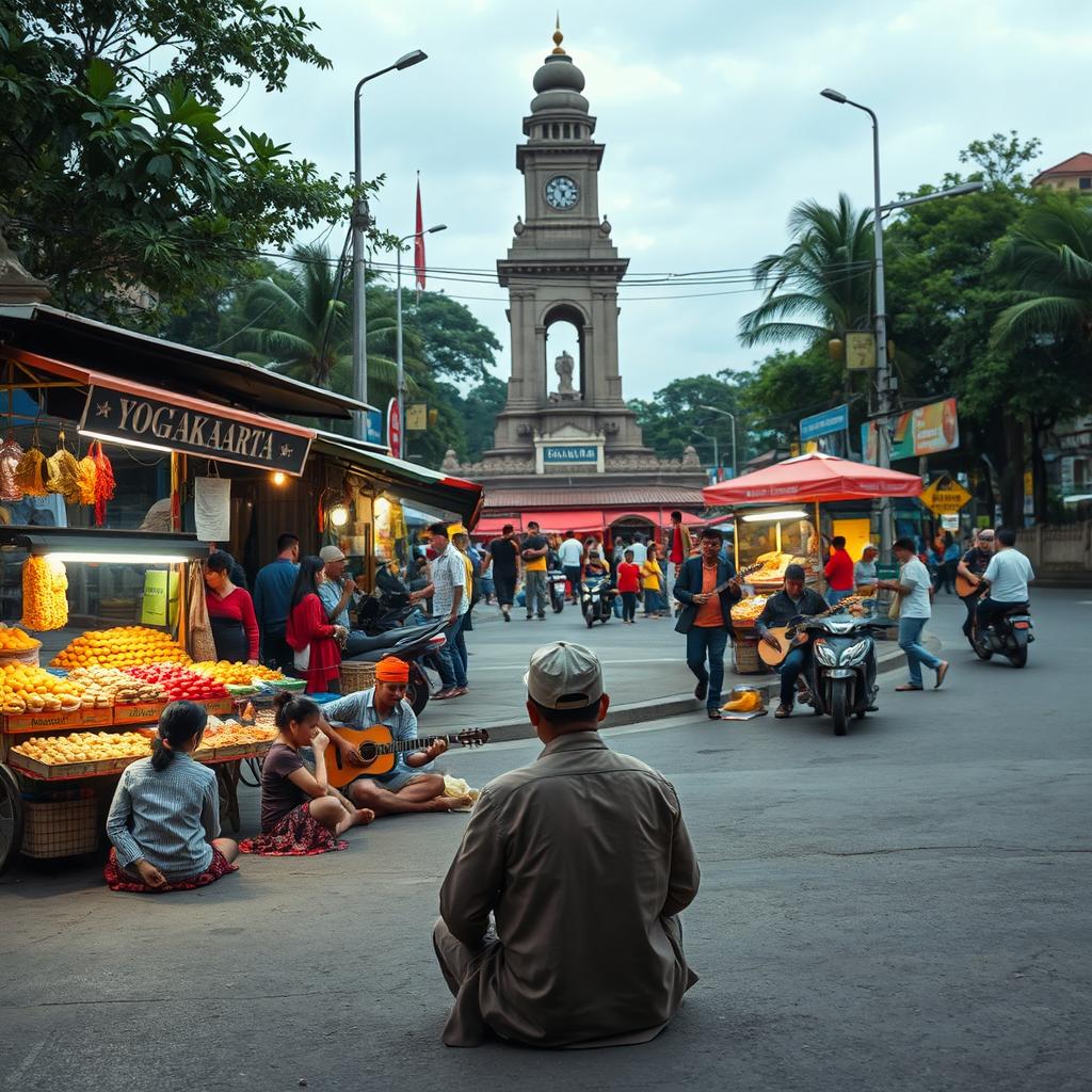 A nostalgic scene at the Yogyakarta monument intersection, bustling with life where street vendors showcase a vibrant array of traditional delicacies