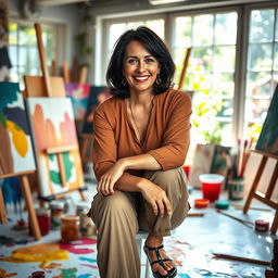 A striking and elegant portrait of a confident mature woman seated gracefully in an art studio, surrounded by vibrant colors and various canvases