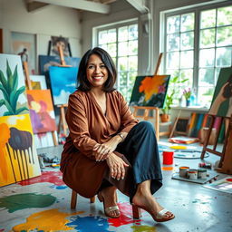 A striking and elegant portrait of a confident mature woman seated gracefully in an art studio, surrounded by vibrant colors and various canvases