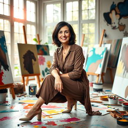 A striking and elegant portrait of a confident mature woman seated gracefully in an art studio, surrounded by vibrant colors and various canvases