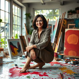 A striking and elegant portrait of a confident mature woman seated gracefully in an art studio, surrounded by vibrant colors and various canvases