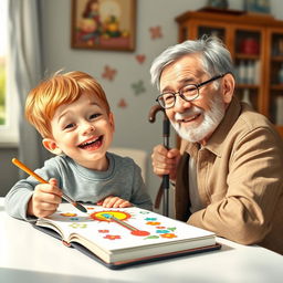 A young boy named Omid with short golden hair, joyfully painting a colorful thermometer in a notebook