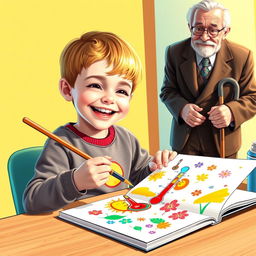 A young boy named Omid with short golden hair, joyfully painting a colorful thermometer in a notebook
