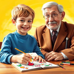 A young boy named Omid with short golden hair, joyfully painting a colorful thermometer in a notebook