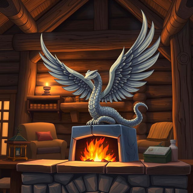 Anime style illustration of a small stone statue of a winged feathered snake, elegantly positioned on the mantle of a rustic fireplace in a fantasy hunting lodge